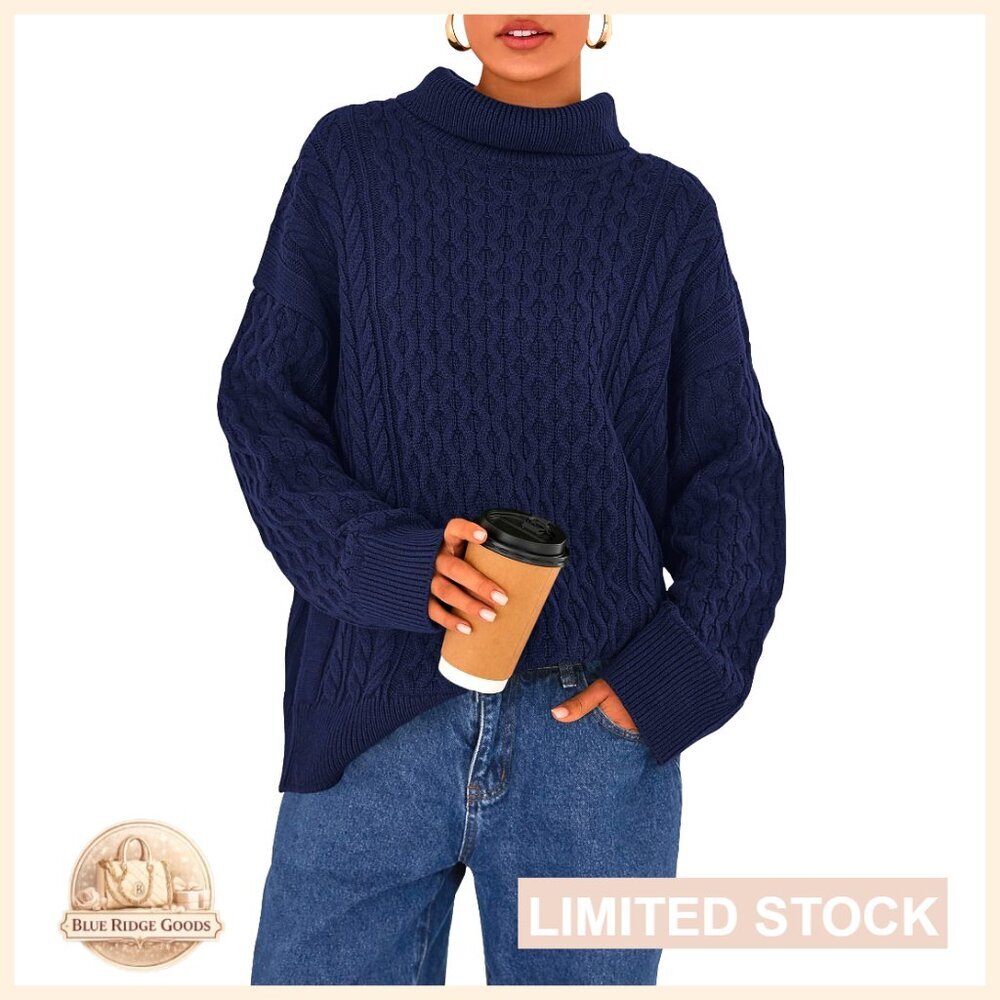 Oversized Ribbed Knit Turtleneck Pullover Chunky Cable Cozy Fall Sweater